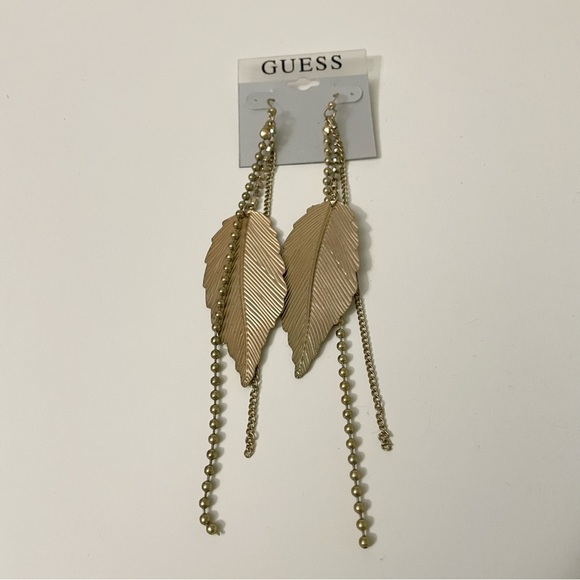 Guess Gold Tone Leaf and Chain Statement Dangle Earrings - Picture 12 of 12